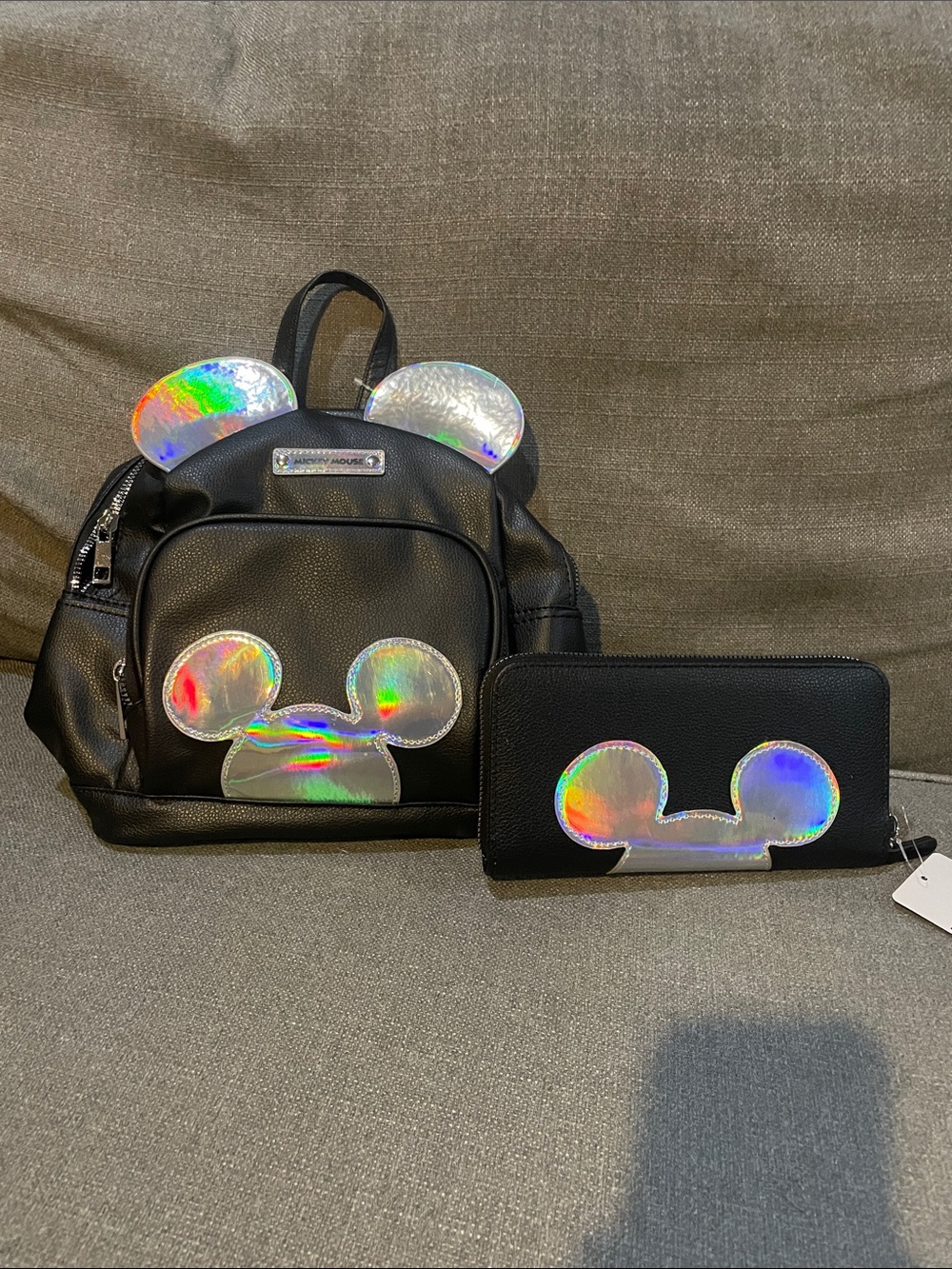 Disney Aldi Black Kids Backpack and Wallet Set  Holographic Mickey Mouse Accent